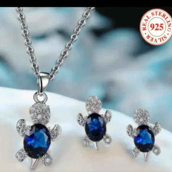Blue Sterling Silver Turtle Necklace Set - Picture 1 of 3